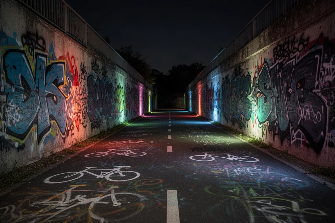 Piste cyclable colorée ornée de graffitis illuminée par une lumière artificielle après la tombée de la nuit