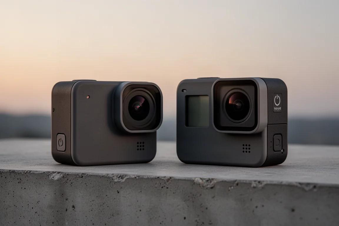 Due action camera compatte affiancate sul cemento al crepuscolo