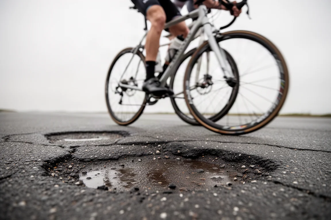 Cyklist som cyklar på en ojämn väg med en actionkamera som fångar scenen