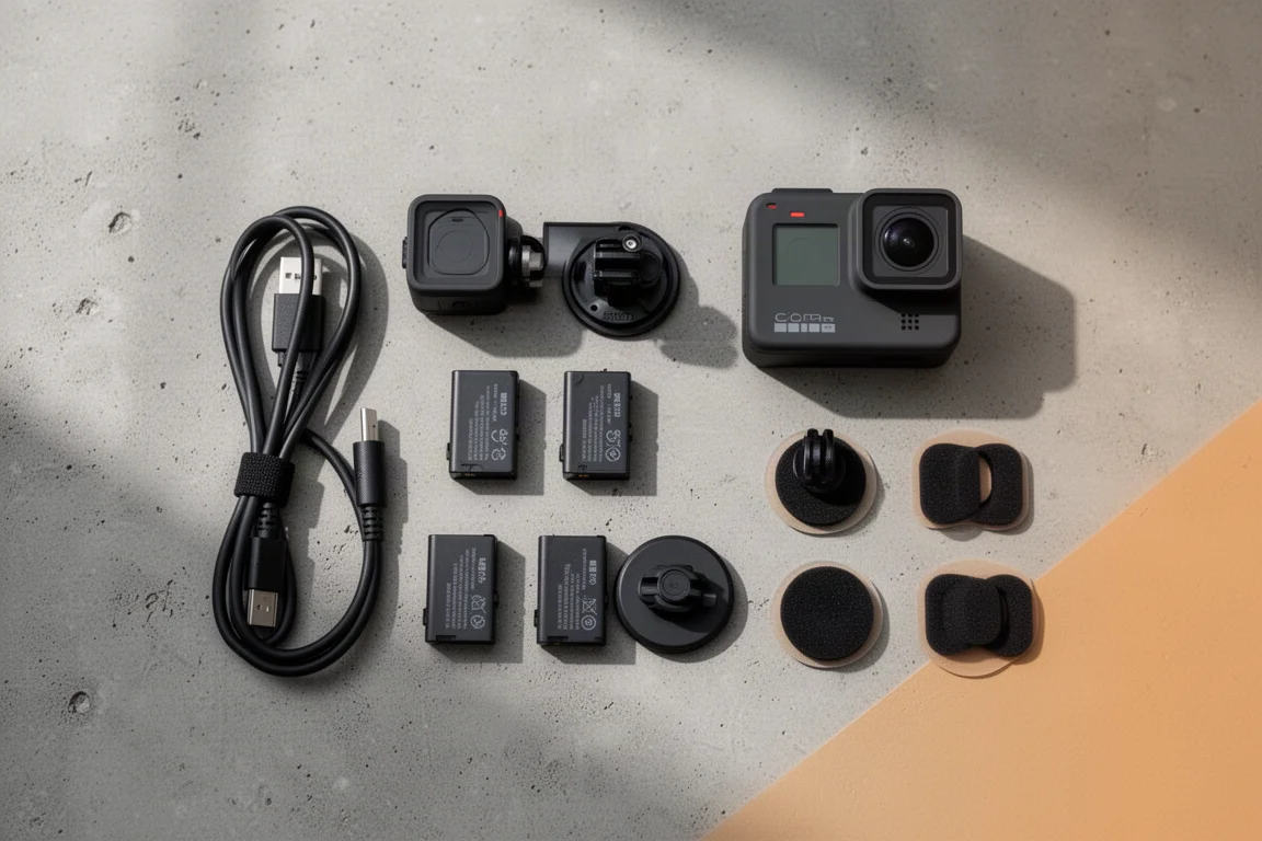Två actionkameror med extra batterier och laddningskablar på ett bord