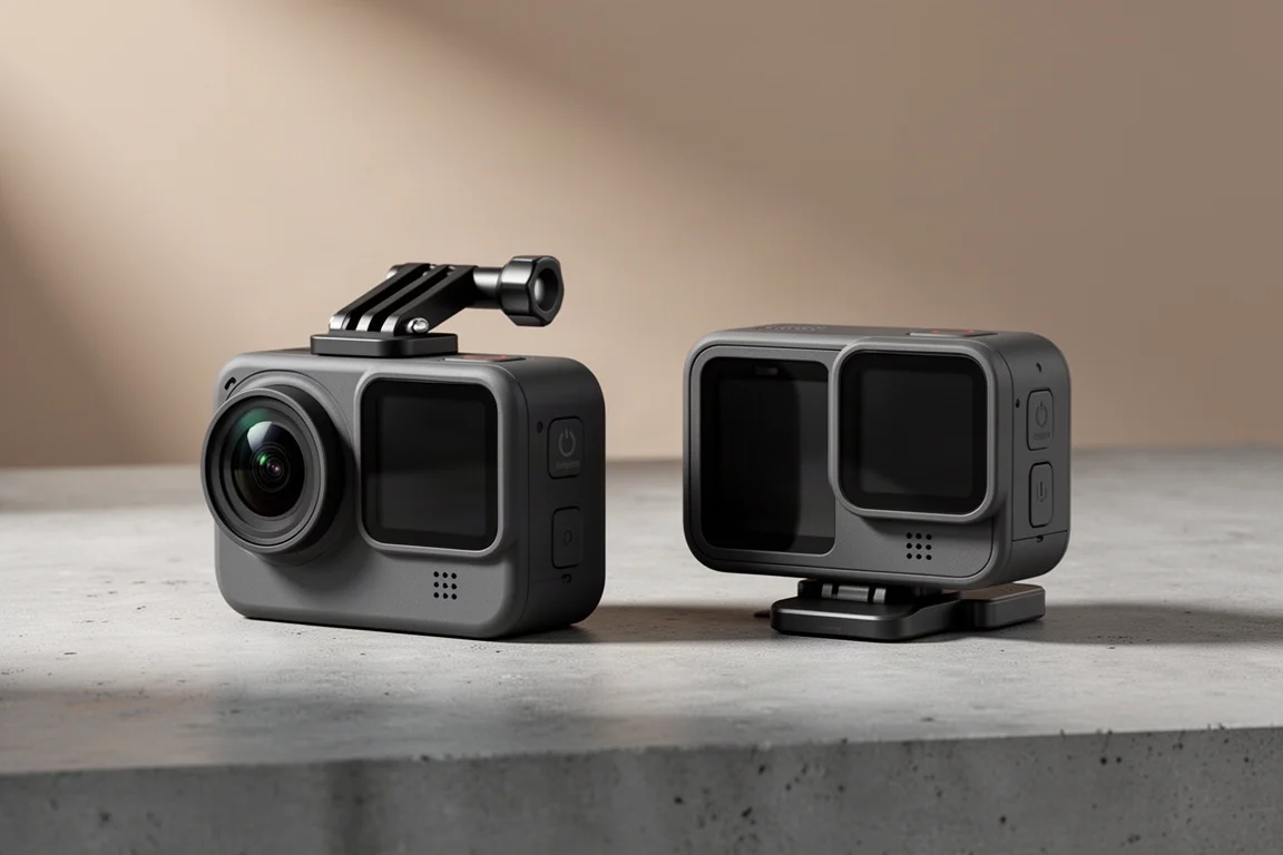 Two action cameras side by side on a matte concrete surface