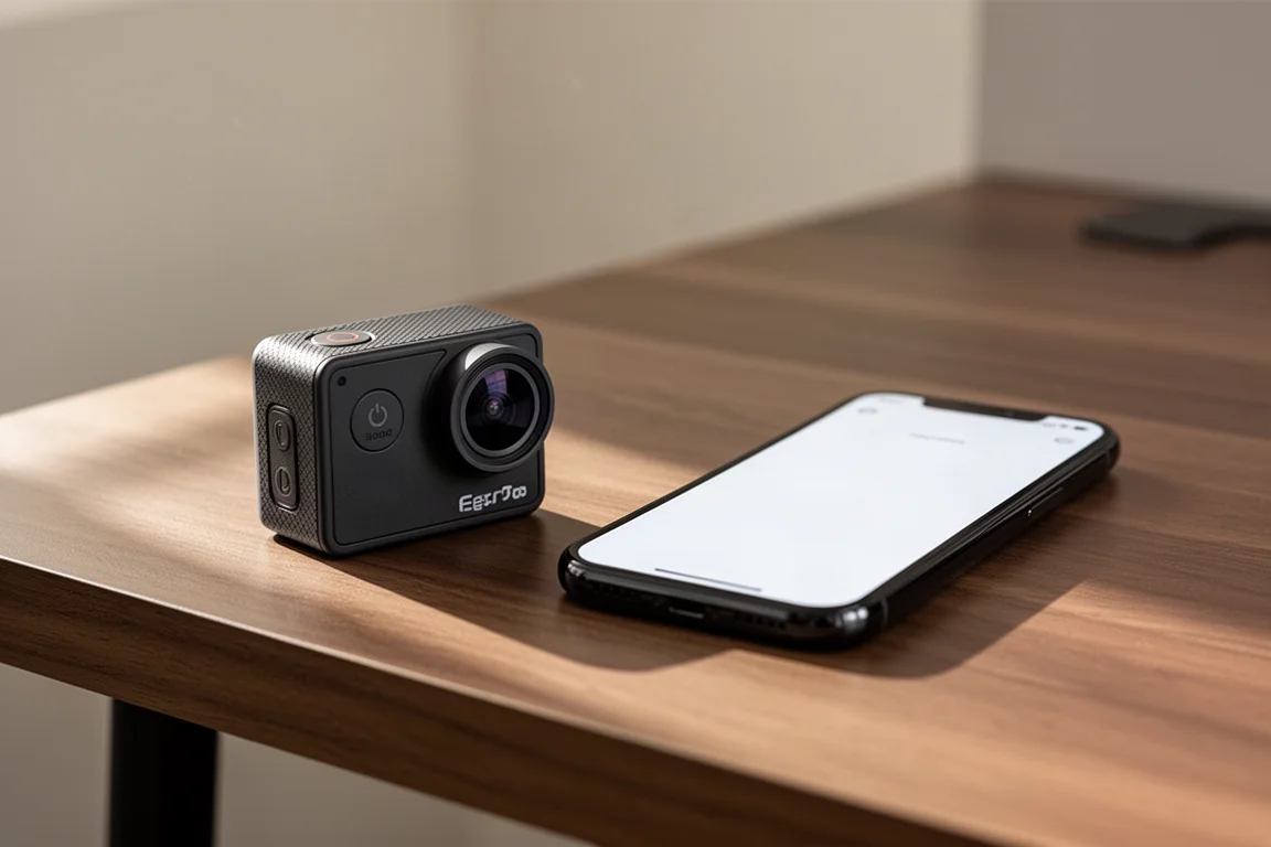 Actiecamera die op een houten bureau ligt naast een smartphone waarop een bijbehorende app draait