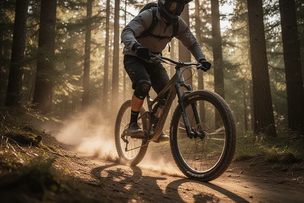 Mountainbiker die over een bospad rijdt met een actiecamera op de borst gemonteerd