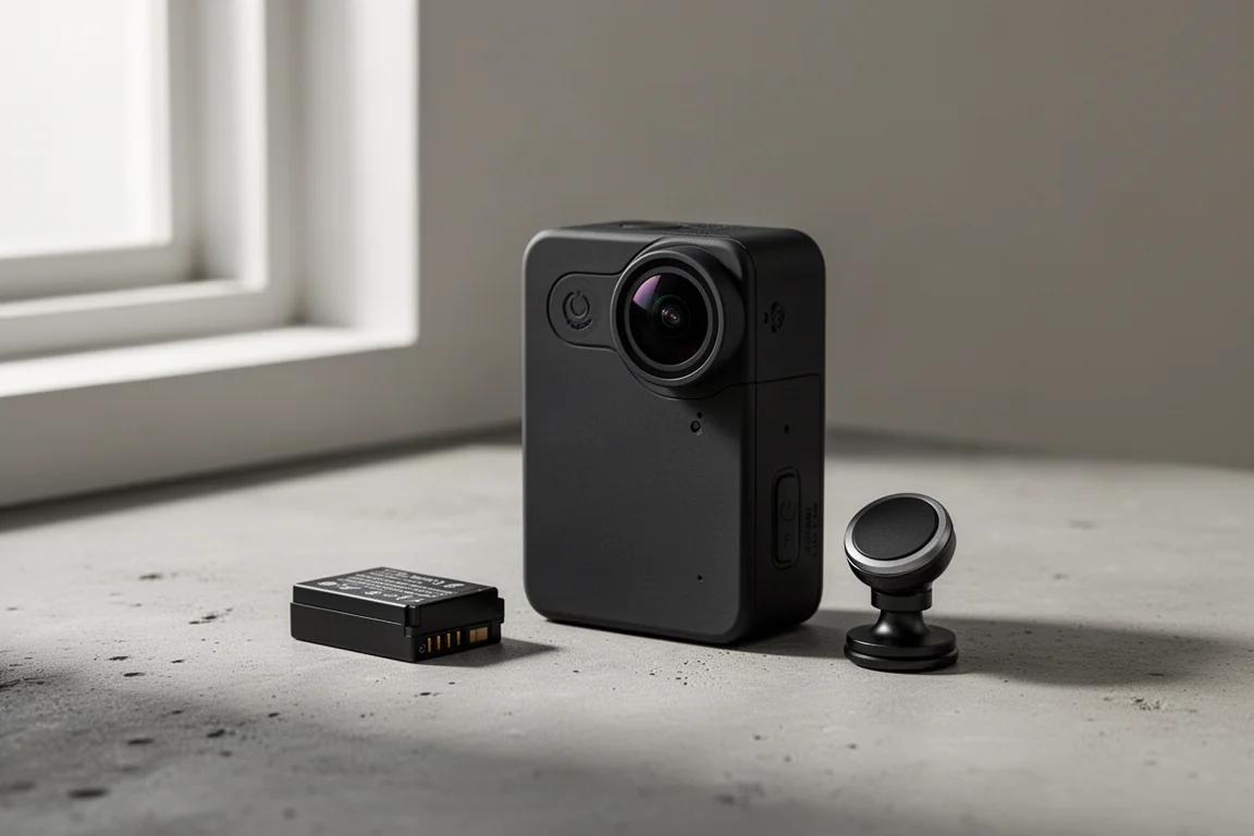 Videocamera d'azione GoPro Hero 13 Black con batteria e attacco magnetico su una superficie in cemento