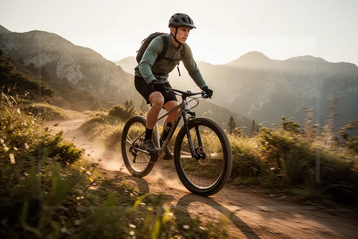 Radfahrer fährt schnell auf einem Mountainbike-Trail, während eine Actionkamera die Szene aufnimmt