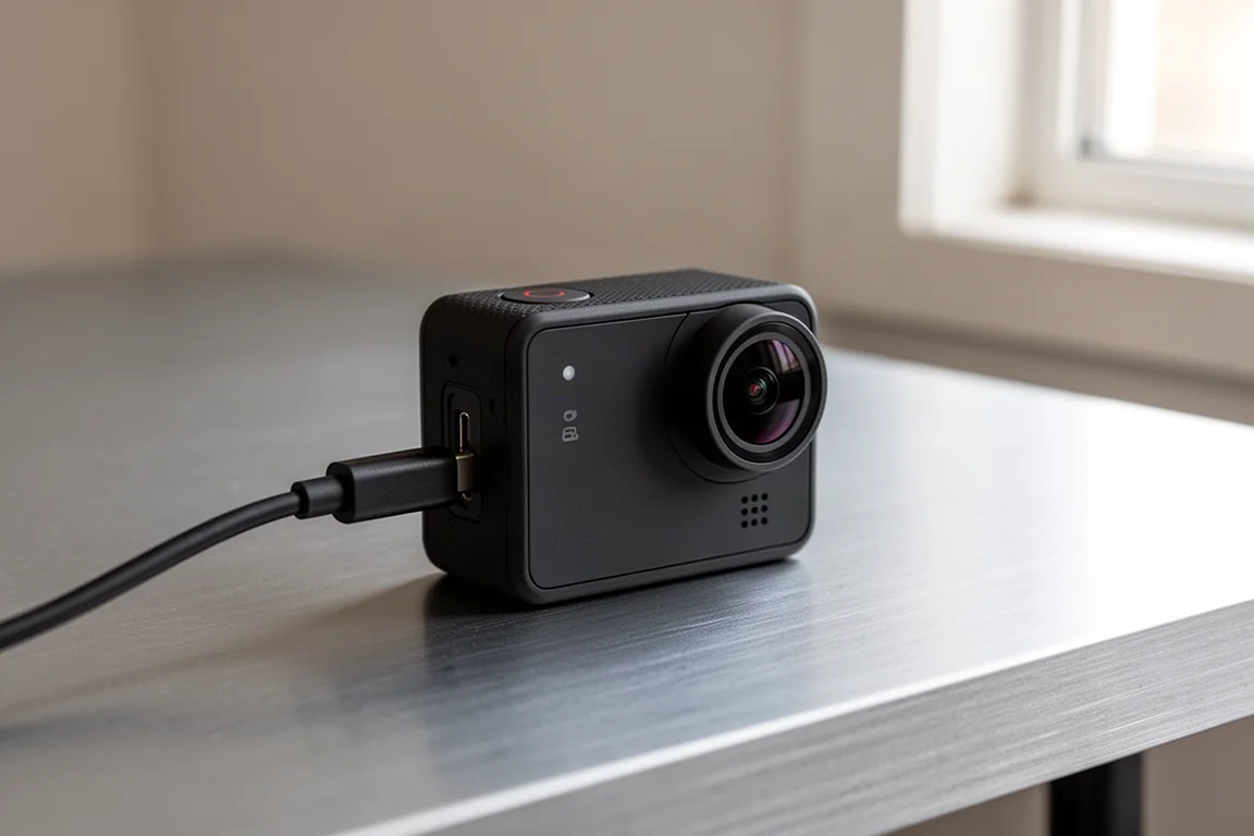 Actionkamera über ein USB-C-Kabel angeschlossen und auf einem Schreibtisch ladend