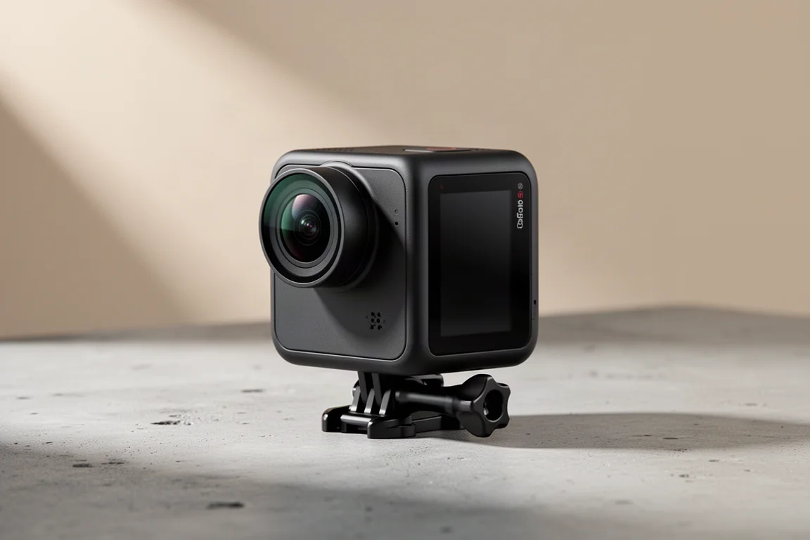 Compact black action camera with touchscreen standing on a concrete surface