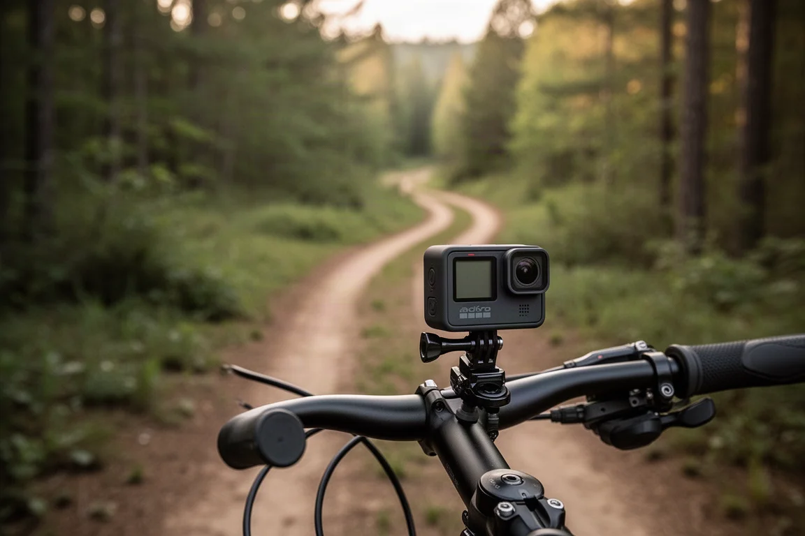 Actionkamera am Fahrradlenker montiert mit Blick auf einen Trail