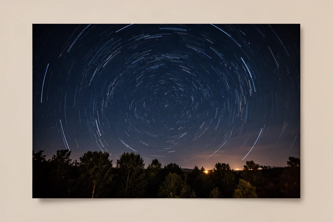 Startrails über einer dunklen Landschaft als Zeitraffer aufgenommen