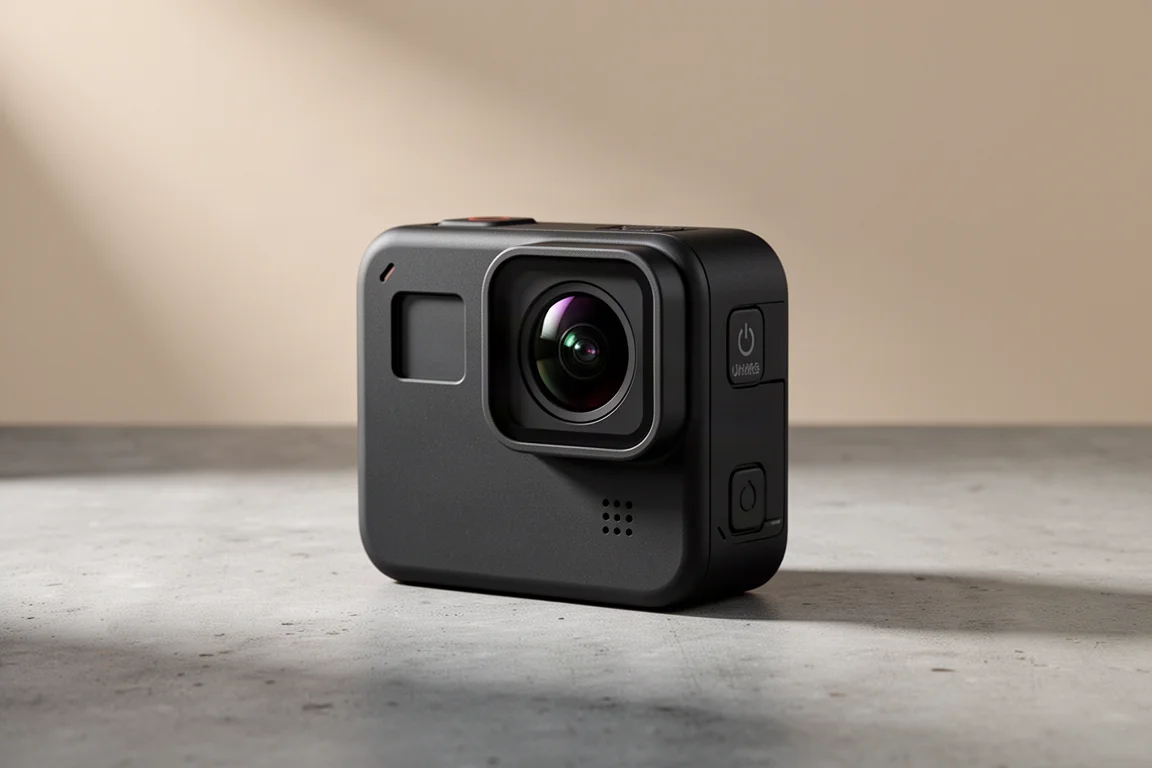 GoPro HERO11 Black action camera standing on a matte concrete surface