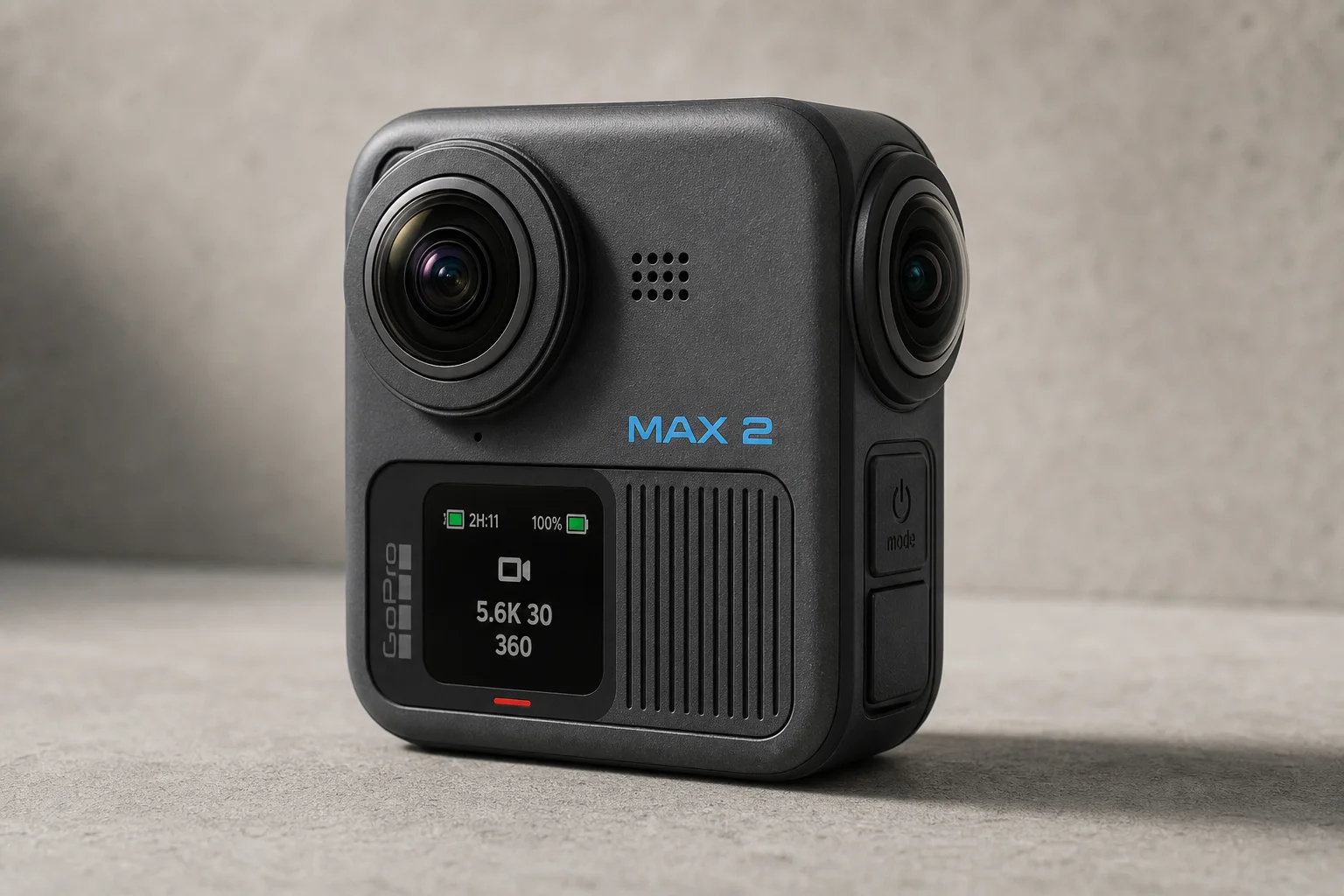 GoPro Max 2 360 度相機放置於霧面混凝土表面，展示其雙鏡頭設計