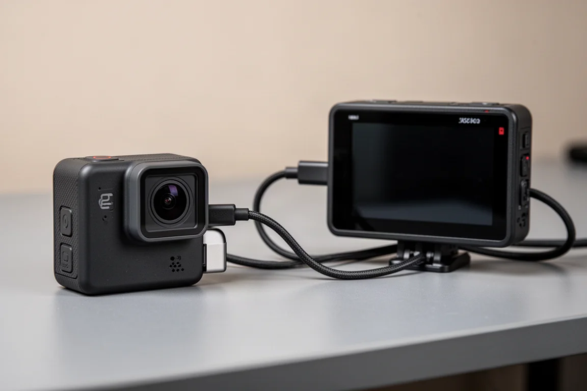 Kabel USB-C podłączony od kamery akcji do zewnętrznego monitora