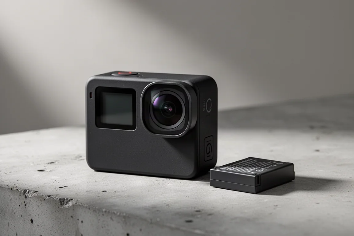 Videocamera d'azione GoPro Mission 1 Pro con batteria su superficie in cemento
