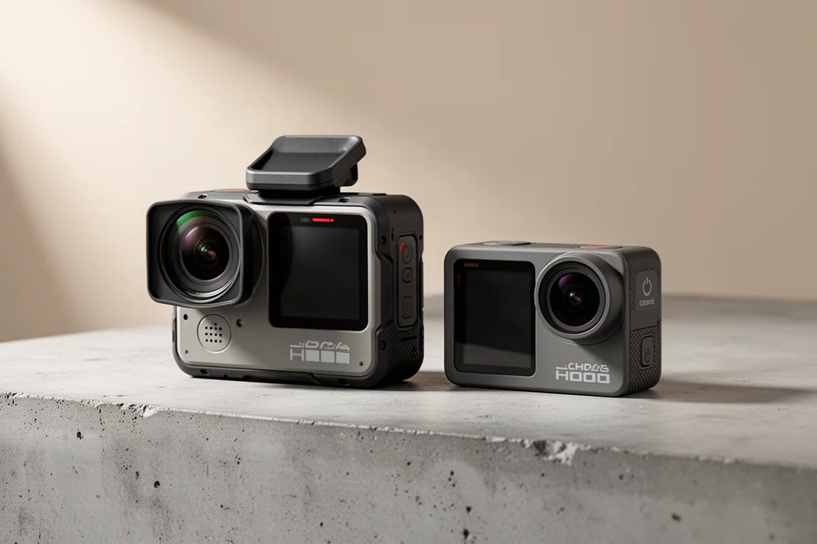 Two GoPro action cameras side by side on a concrete surface