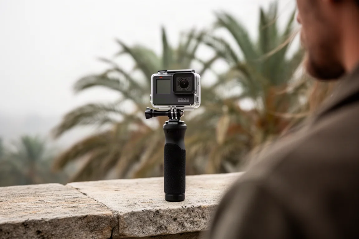 GoPro am Griff montiert, die an einem windigen Tag draußen Action aufnimmt