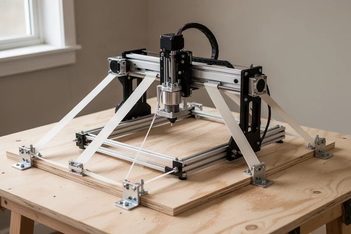 Compact portable CNC machine with four belts extending to corners of a plywood sheet