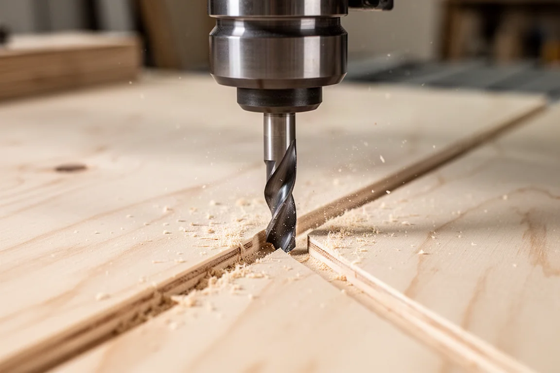 Close-up of a CNC router bit cutting through plywood in multiple passes