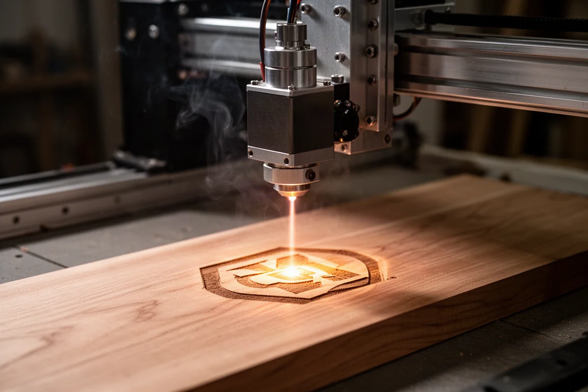 Laser module engraving a logo onto a piece of cherry wood