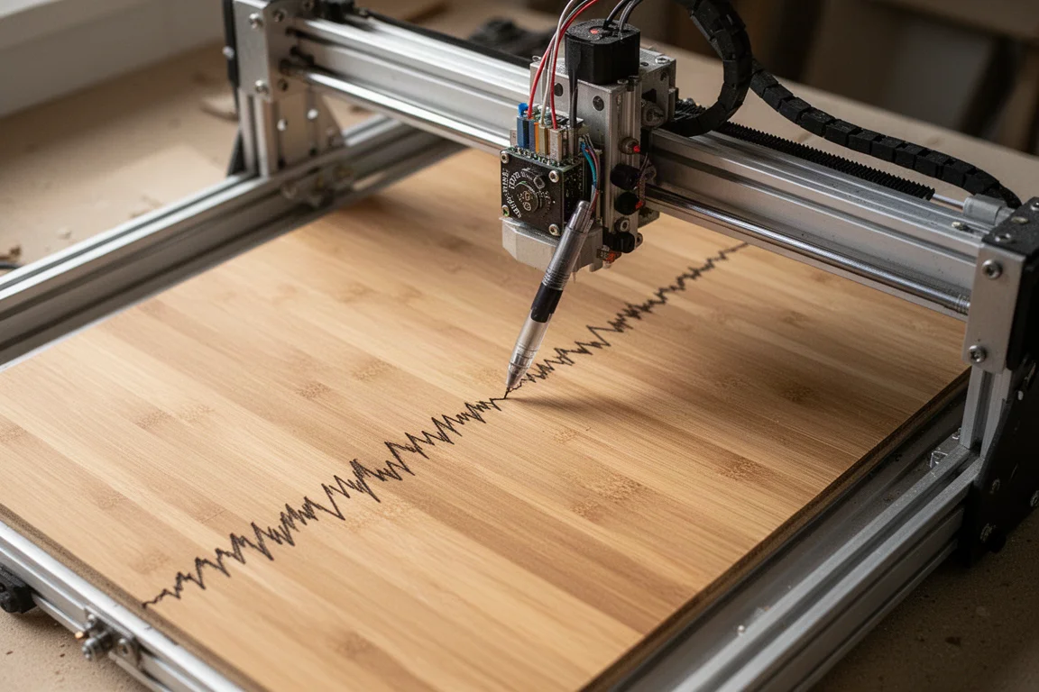 Pen plotter drawing intricate line art on a sheet of bamboo plywood