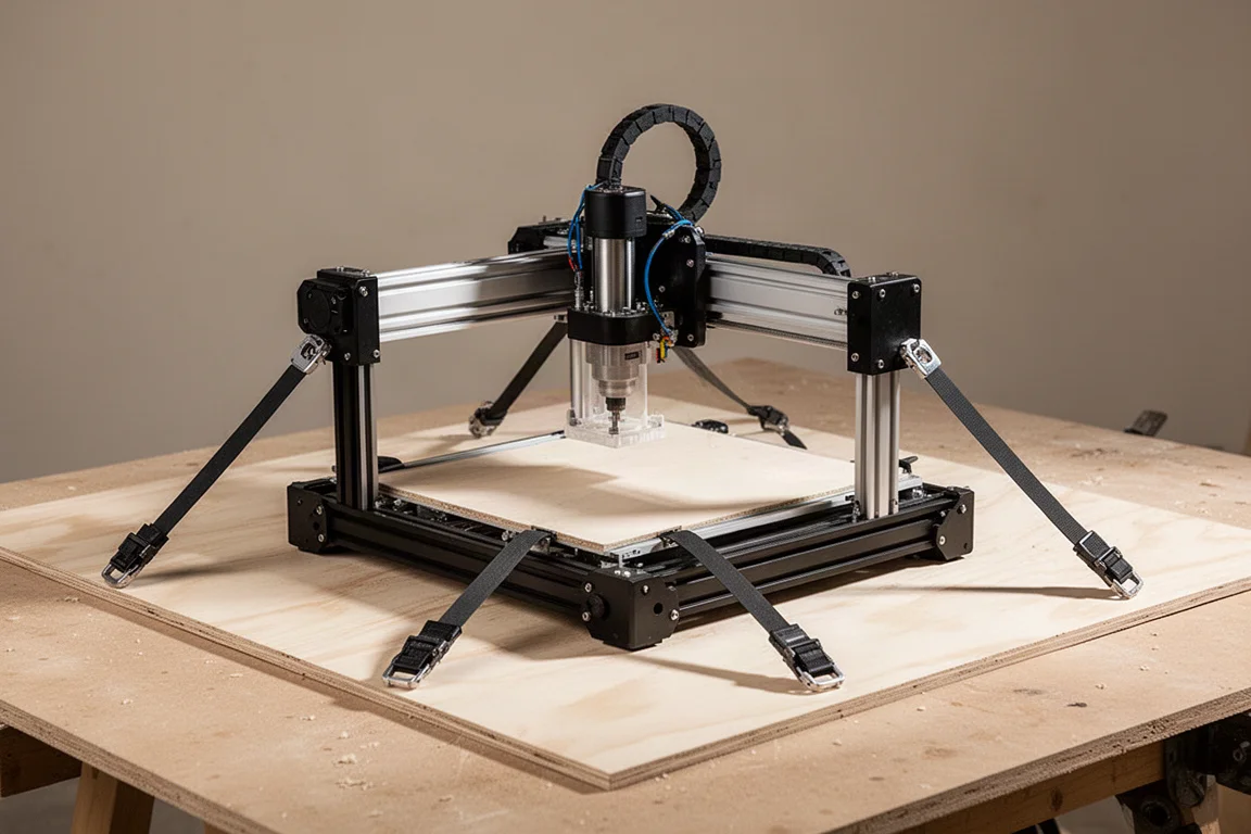 GORDIX CNC portable machine with belts attached to a plywood sheet in a workshop