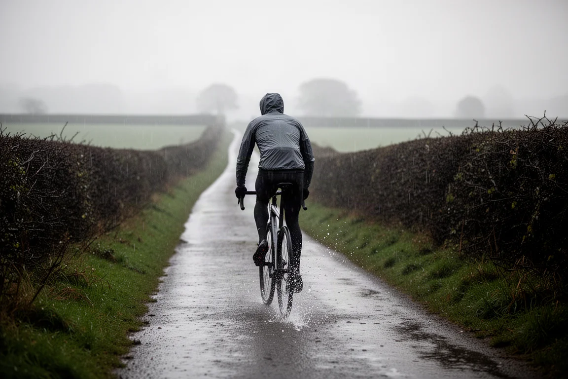 Ciclista pedalando em uma estrada rural molhada sob chuva constante