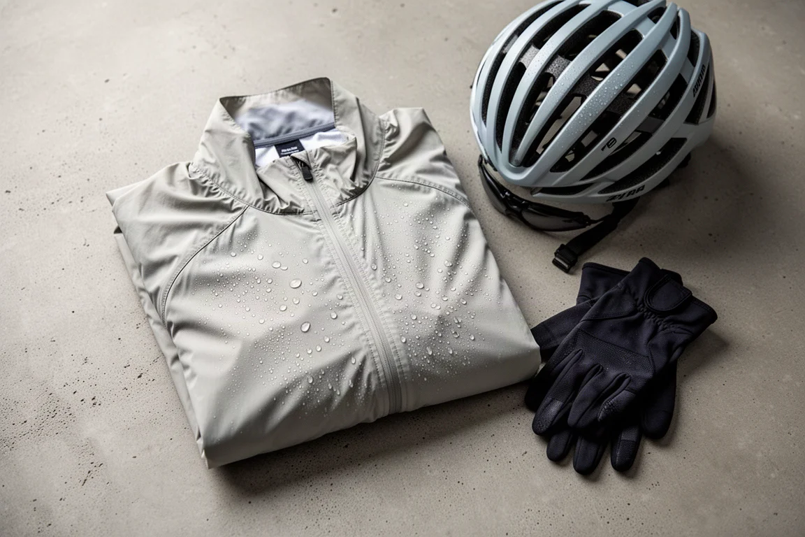 Jaqueta shell dobrada, camisa de ciclismo e capacete dispostos sobre concreto