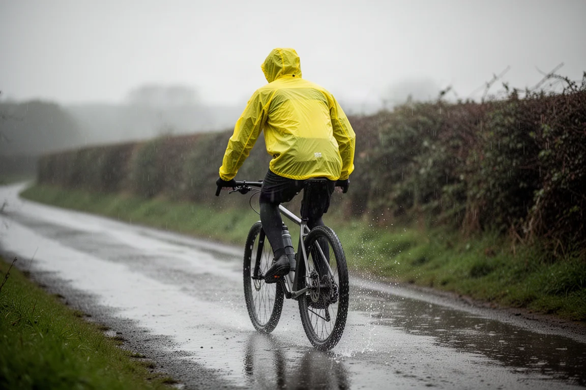 Cyclist in a bright yellow rain jacket riding a wet country lane in the rain