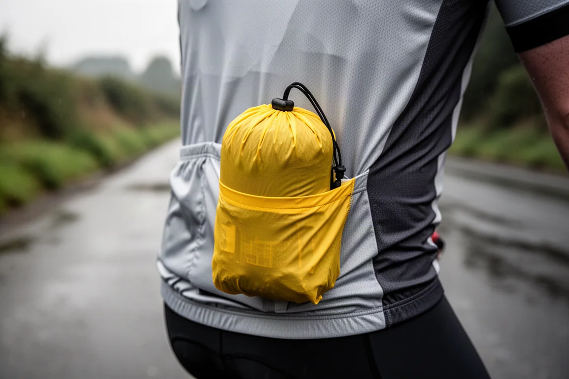 Lightweight rain jacket folded into a small bundle tucked into a jersey pocket