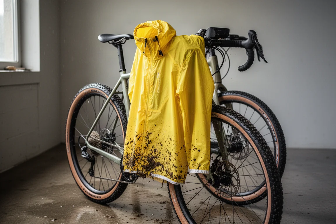 Rain jacket draped over gravel bike handlebars with dried mud on the hem