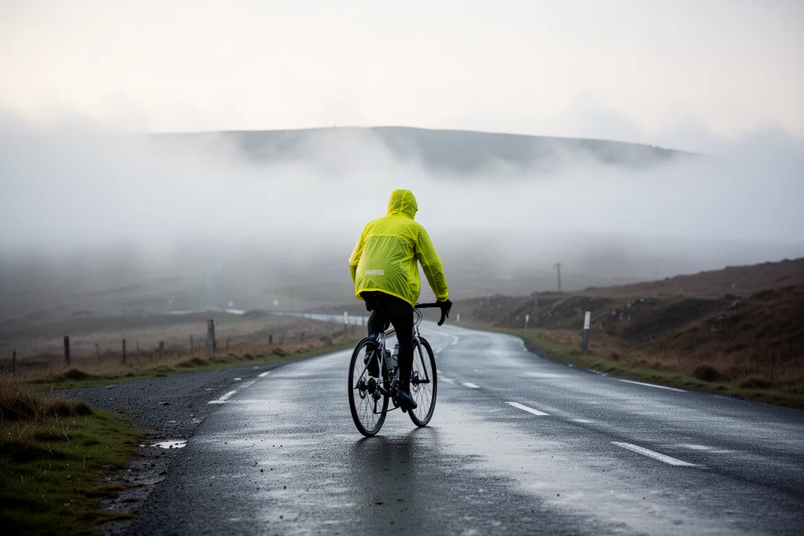 Cyclist in a yellow rain jacket climbing a misty road at dawn