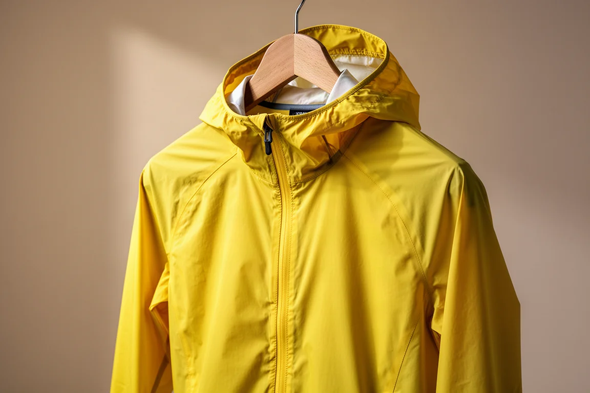 Jaqueta de chuva de ciclismo leve e amarelo-vivo em um cabide, sobre fundo neutro