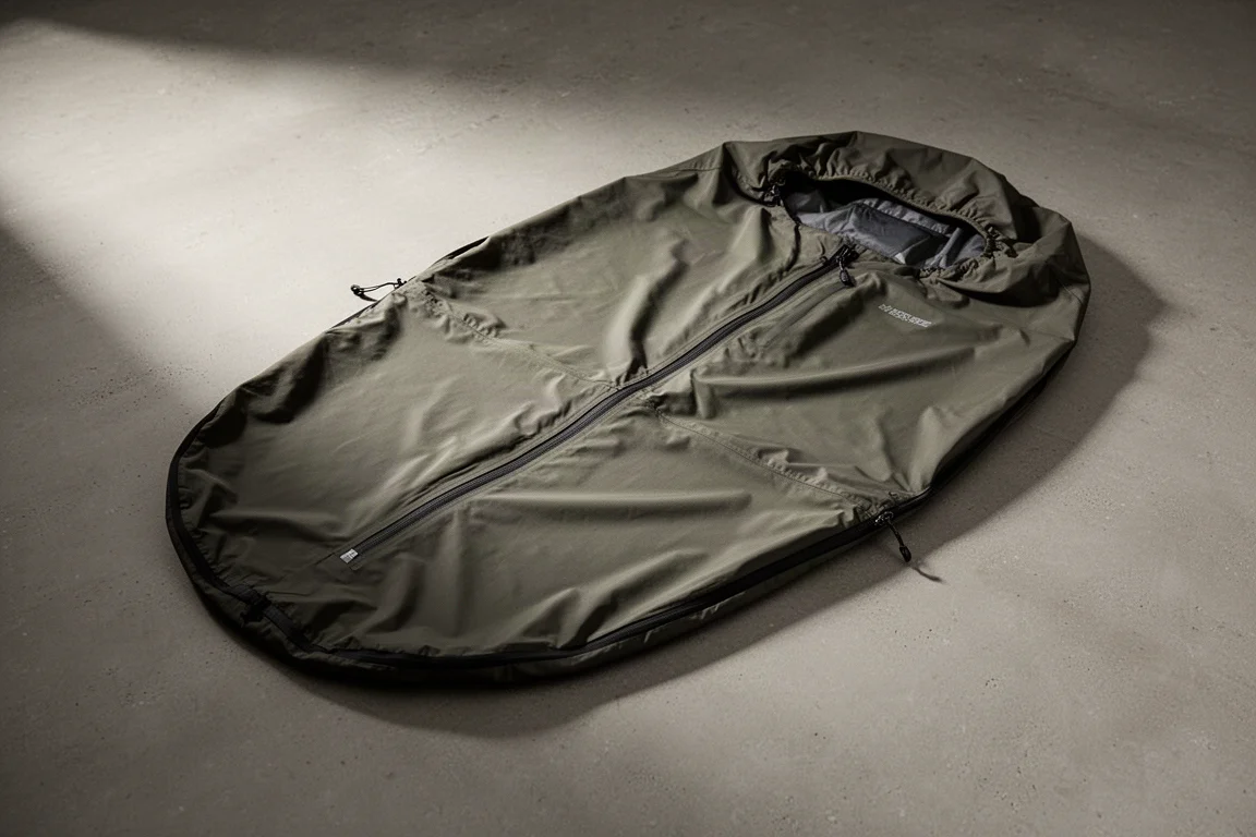Dark olive mummy-cut bivy shell laid open on a concrete surface showing its perimeter zipper