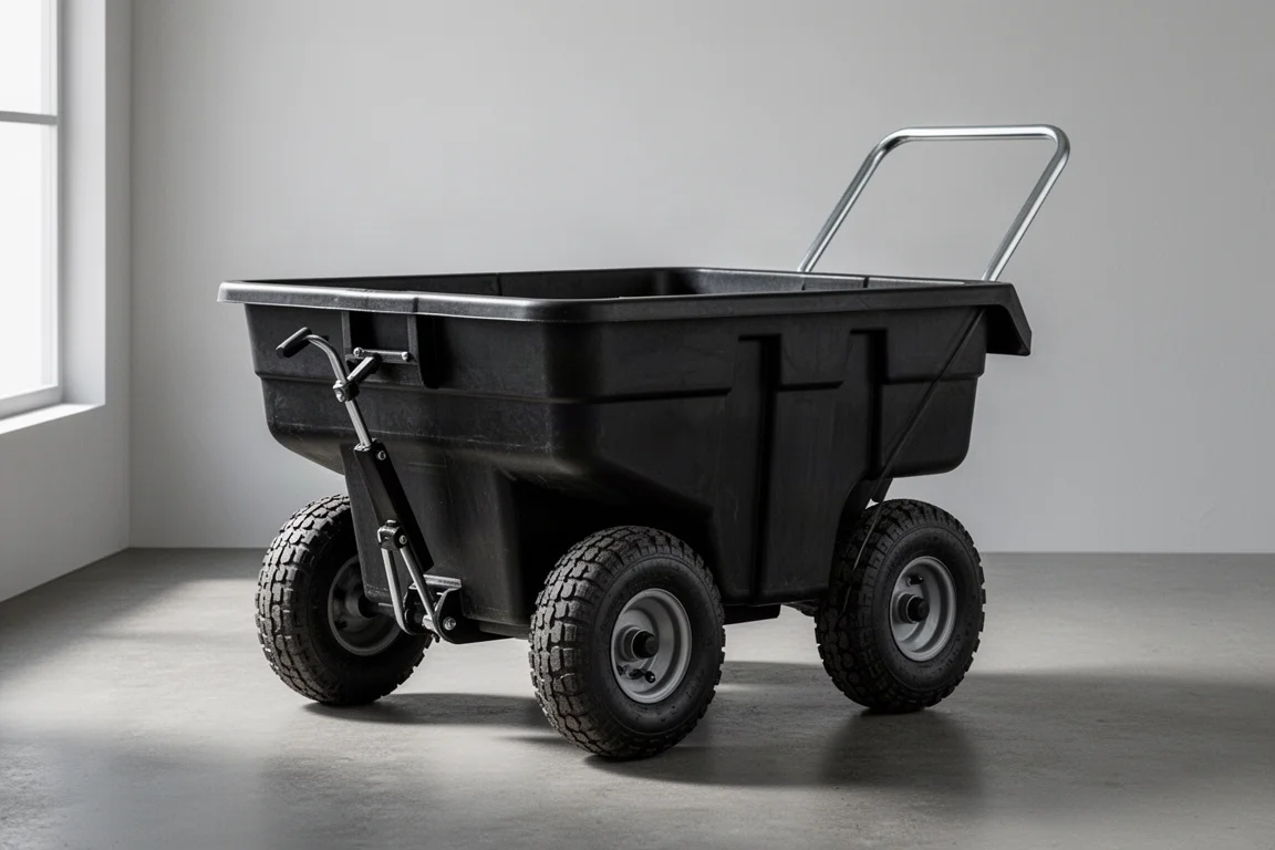 Black towable dump cart with four pneumatic tires on a concrete surface