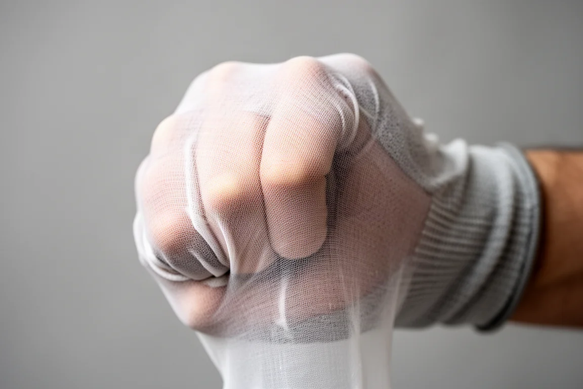 Rückseite eines Arbeitshandschuhs, über eine Hand gespannt, mit dünnem Material über den Knöcheln