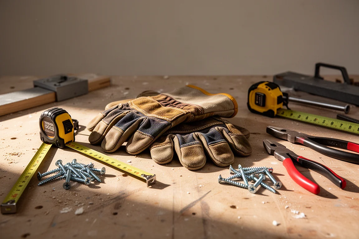 Arbeitshandschuhe auf einer vollgestellten Baustellen-Werkbank mit Handwerkzeug