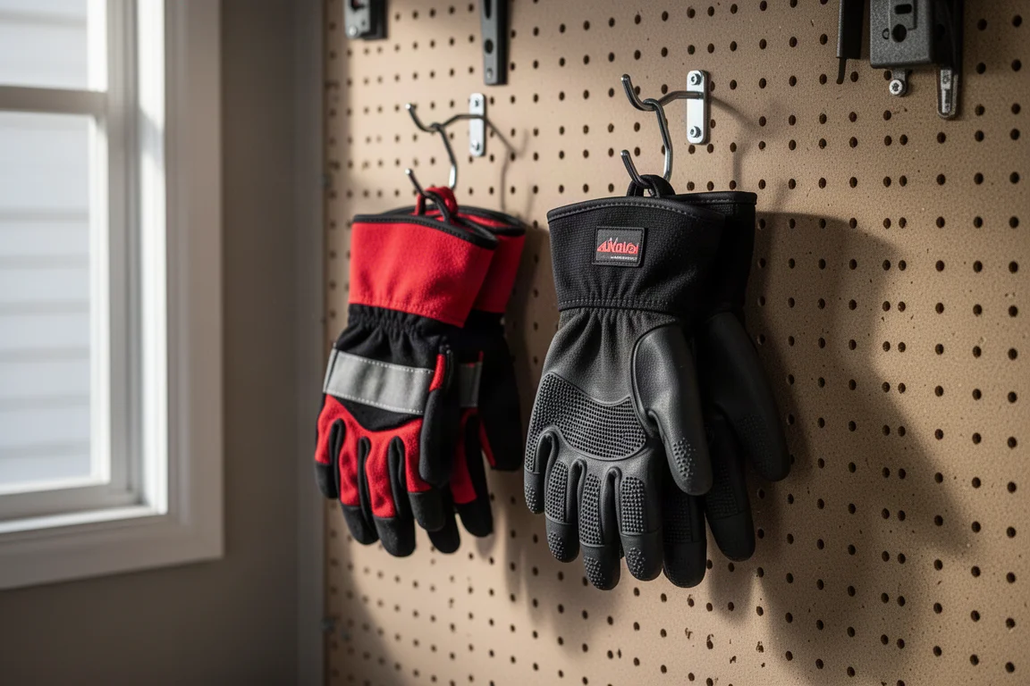 Zwei Paar Arbeitshandschuhe hängen an Haken in einem Lagerraum einer Garage