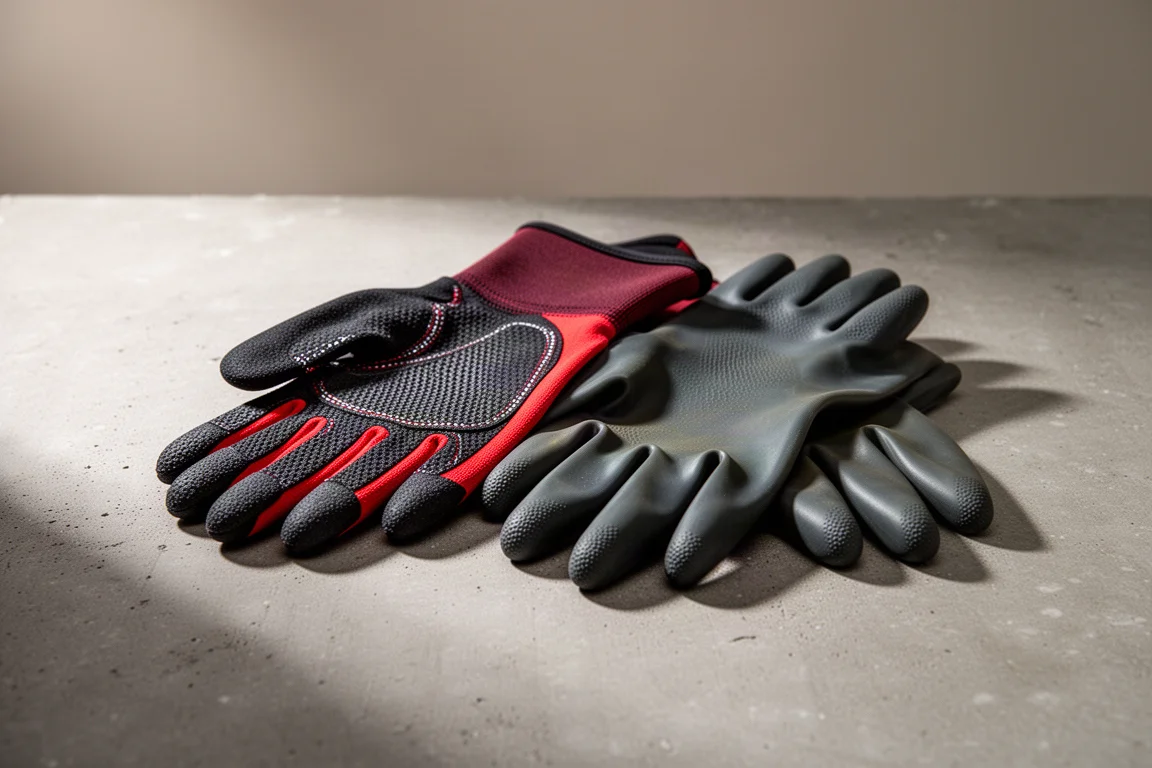 Two pairs of work gloves side by side on a concrete surface
