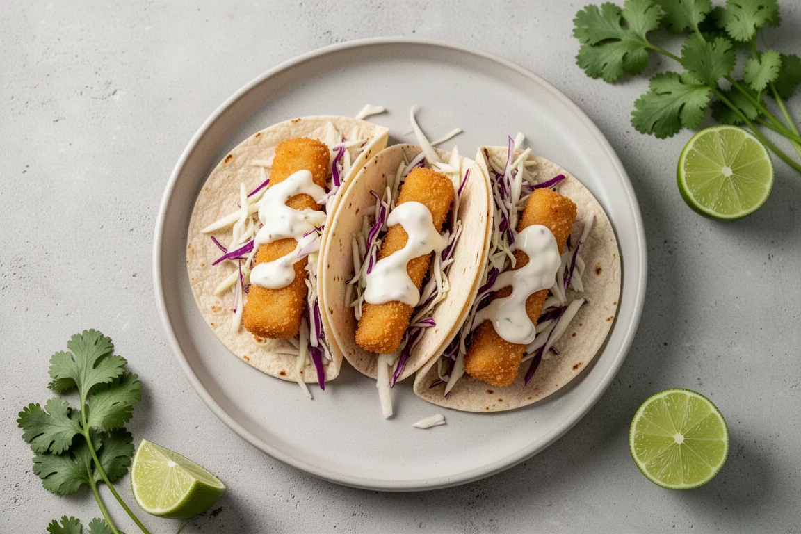 Fisch-Tacos mit knusprigen Fischstäbchen, Coleslaw und cremiger Sauce auf einem Teller