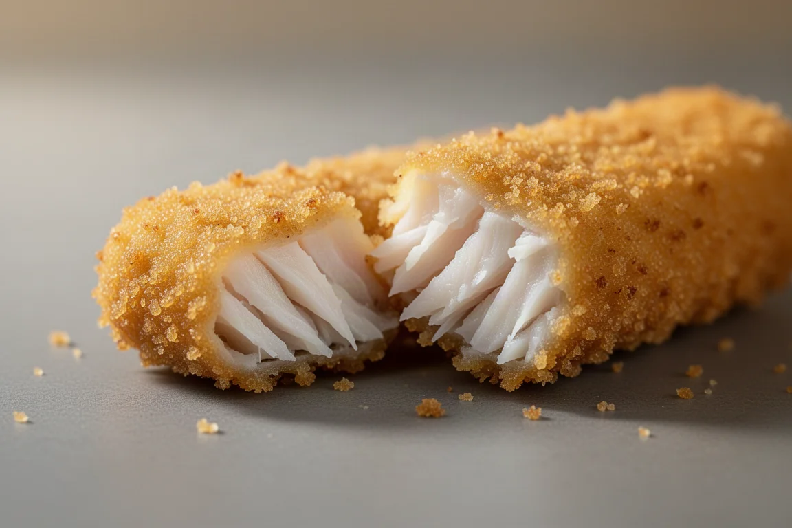 Nahaufnahme eines durchbrochenen Fischstäbchens mit sichtbaren weißen Fischflocken in der Panade