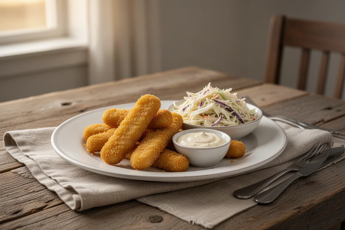 Teller mit Fischstäbchen, Coleslaw und cremiger Dip-Sauce, bereit für das Abendessen