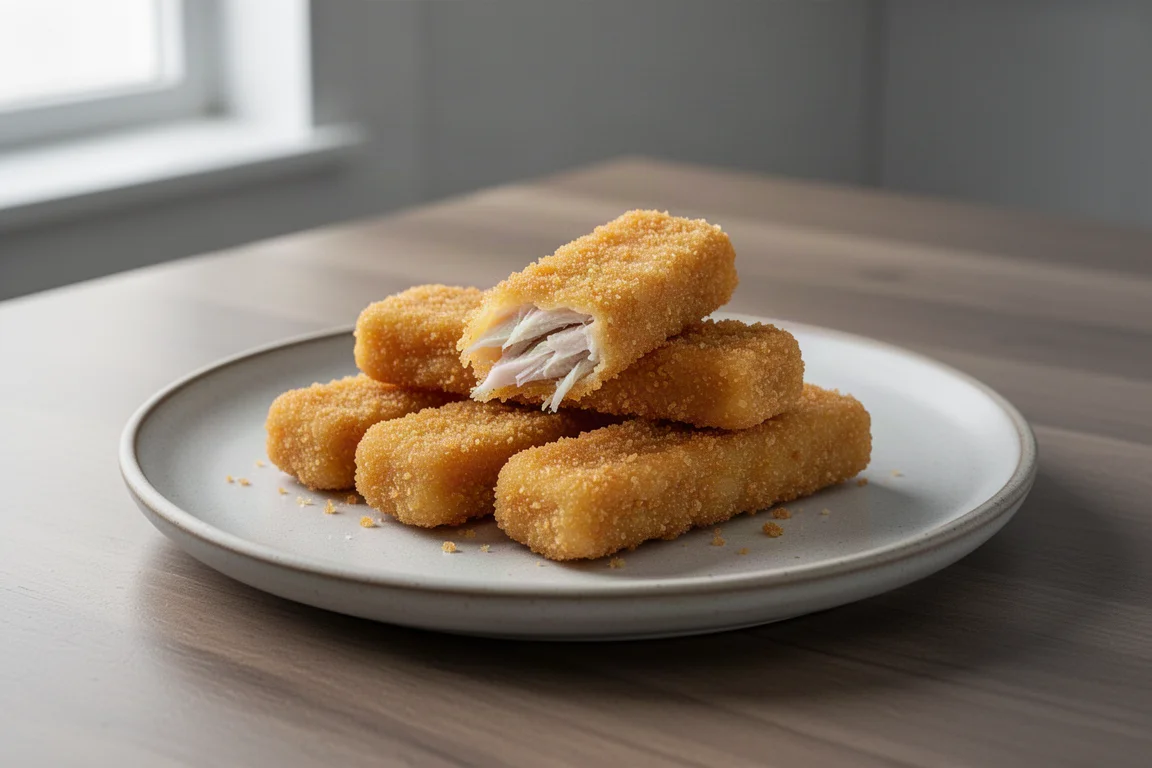 Golden crispy fish sticks on a ceramic plate with one broken open to show flaky white fish