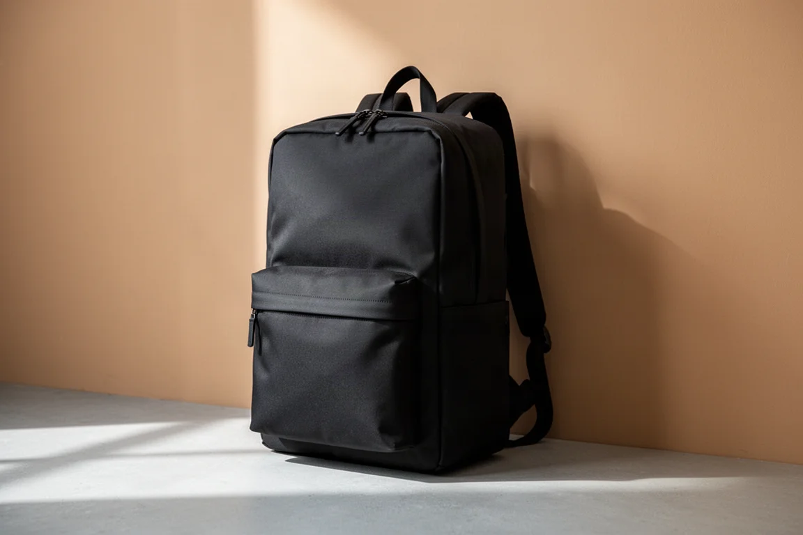 Sac à dos de voyage noir minimaliste debout sur une surface en béton
