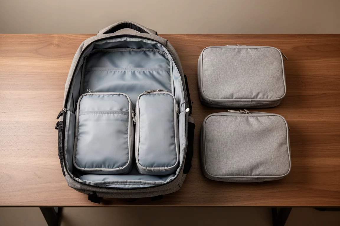 Compartiment principal ouvert d'un sac à dos avec des cubes de rangement posés à plat à l'intérieur