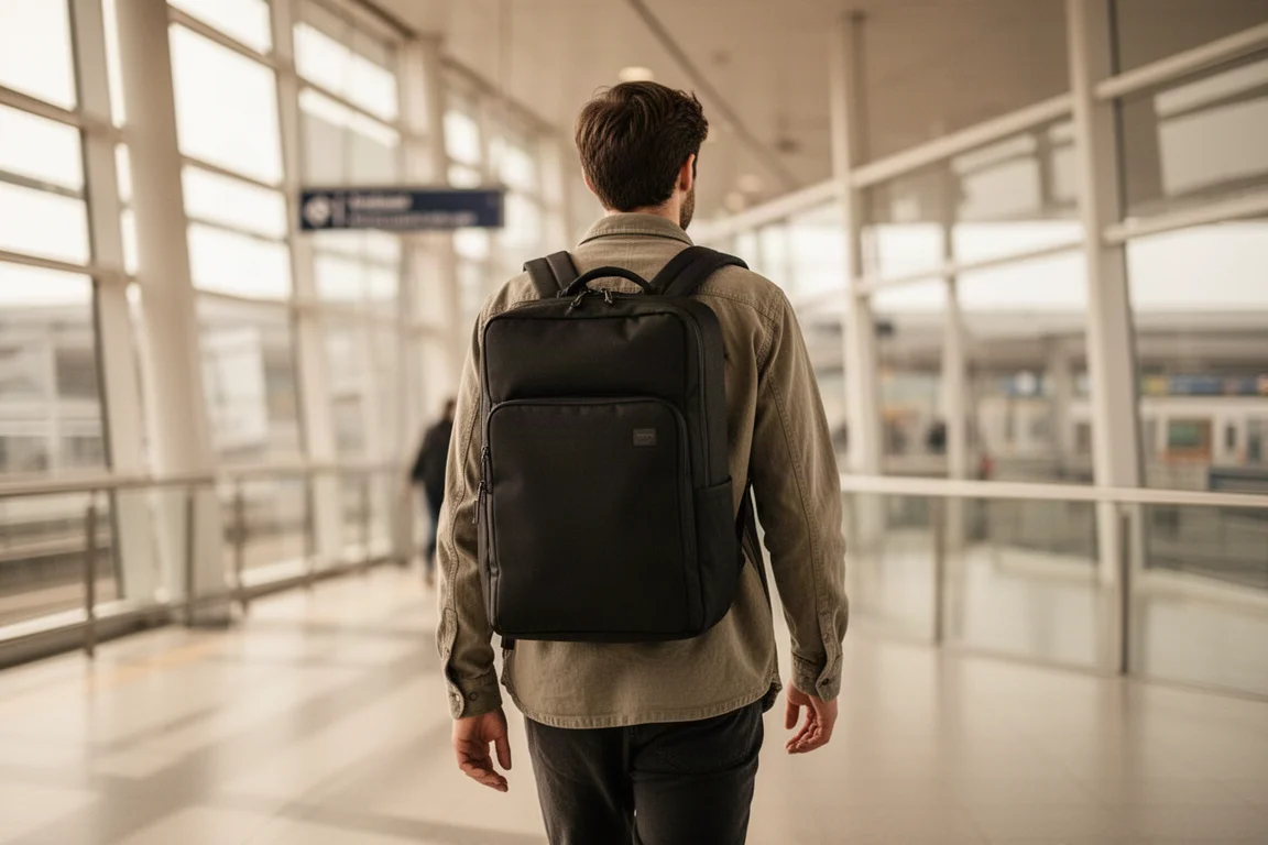 Sac à dos porté par un voyageur marchant dans un terminal d'aéroport