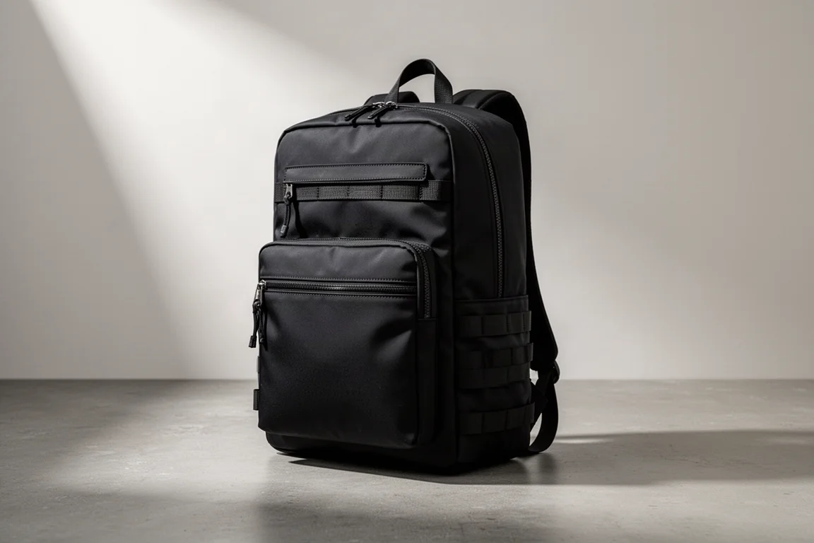Black minimalist GORUCK-style travel backpack standing on a concrete surface