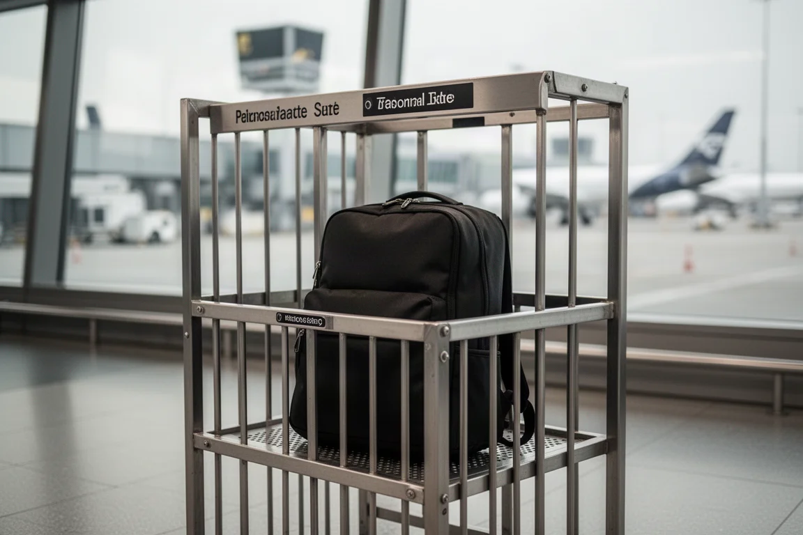 Reiserucksack im Personal-Item-Messkasten eines Flughafens am Gate
