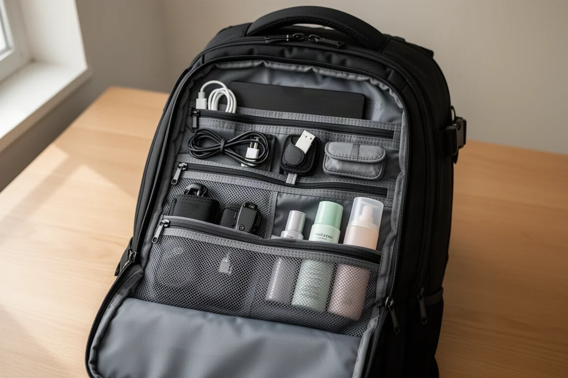 Geöffnete vordere Admin-Klappe eines Reiserucksacks mit Mesh-Taschen und Organisation