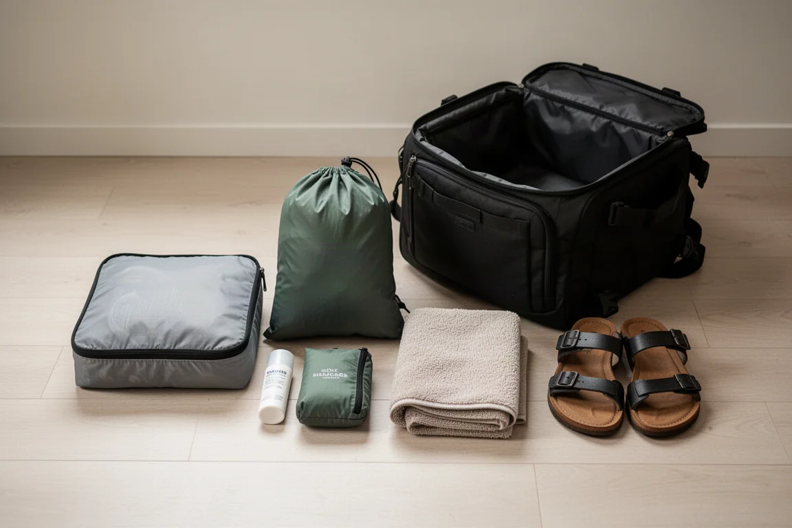 Packwürfel und Reiseausrüstung neben einem geöffneten Reiserucksack ausgelegt
