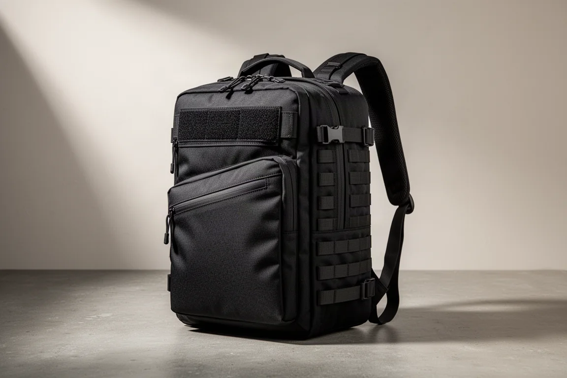 Schwarzer GORUCK GR2 26L Reiserucksack auf einer Betonoberfläche stehend