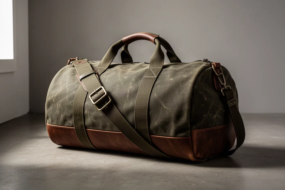 Borsa duffel in tela cerata verde oliva scuro con base in pelle e fibbie metalliche